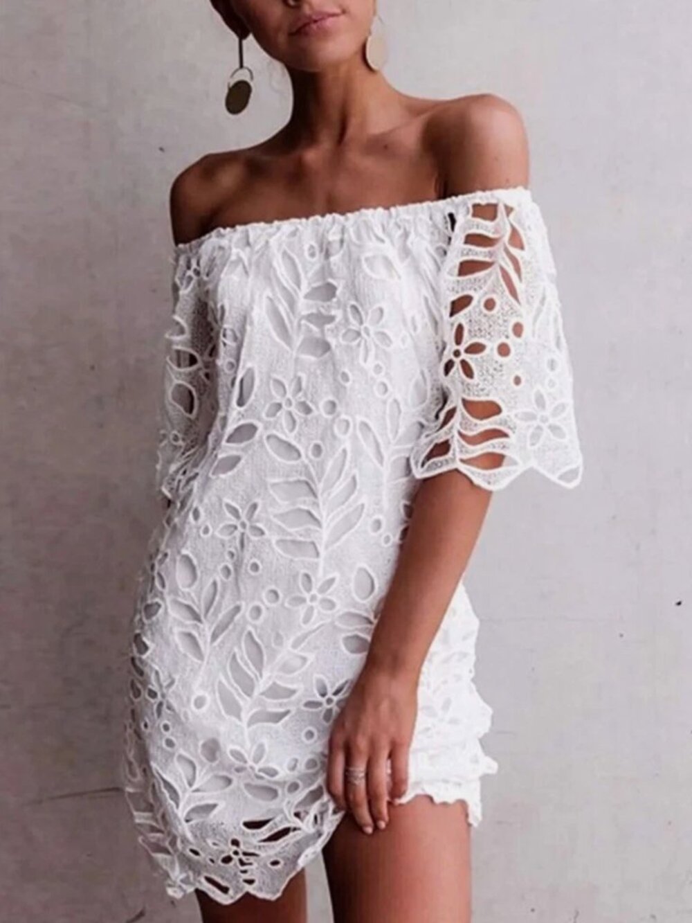 Pretty Garden Womens Dress White Lace Cut Out Leaf Off Shoulder Scalloped Size S